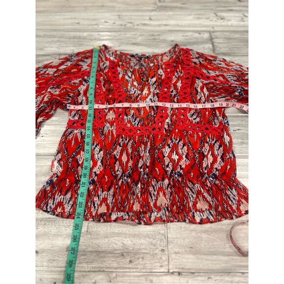 Anthropologie Daniel Rainn Red Orange Tribal Crochet Bell Sleeves Peasant Blouse - Picture 4 of 6